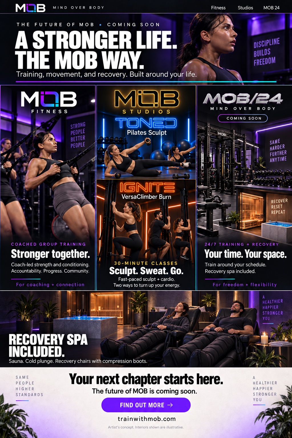 Concept artwork showing MOB Fitness, TONED Pilates Sculpt and IGNITE VersaClimber Burn at MOB Studios, MOB 24, and a spa with recovery chairs and compression boots